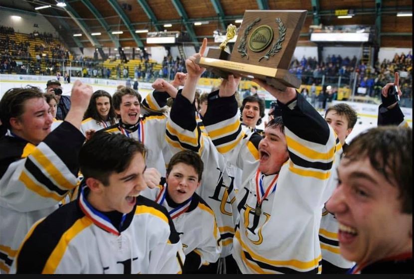 Harwood boys hockey celebrating their Vermont D2 Championship victory Wednesday, March 11. Photo: Brian Jenkins